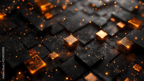 Abstract 3D digital cubes glowing with orange and black tones, representing futuristic technology or blockchain concepts.