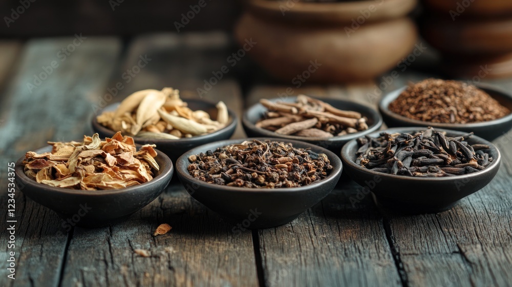 Assorted spices in bowls on rustic wood, herbal background, culinary use Assorted spices in bowls on rustic wood, herbal background, culinary use