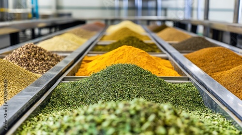 Fototapeta Naklejka Na Ścianę i Meble -  Spice processing plant; colorful piles of herbs & spices on conveyor belt