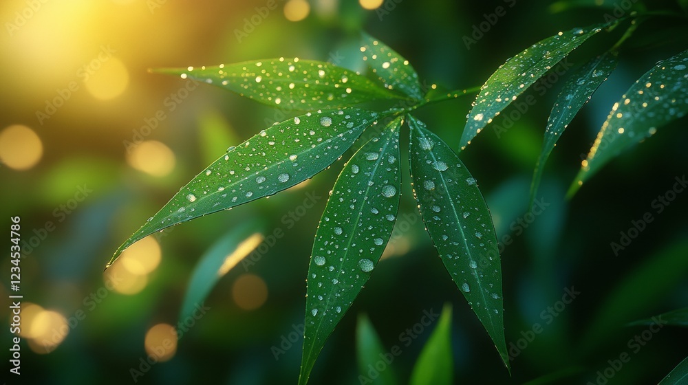 Dew drops on vibrant green leaves at sunrise.
