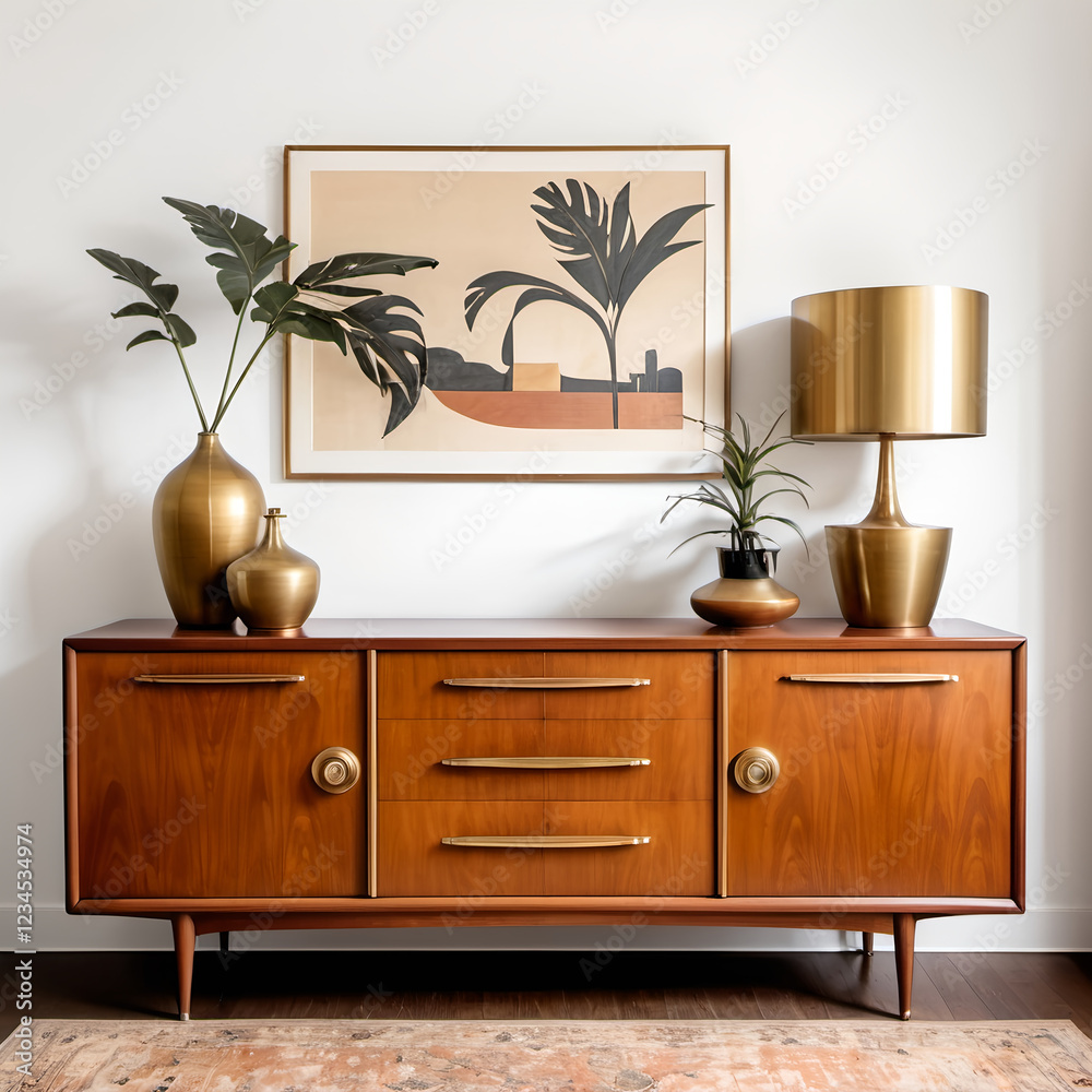 Fototapeta premium Retro Sideboard with Brass Accents: A mid-20th-century sideboard with warm wood tones and brass handles, showcased on a clean white backdrop to emphasize its retro design.