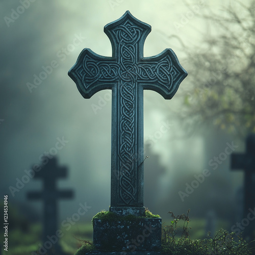 A Celtic cross standing in a cemetery, with mist rising in the early morning light and an ancient, tranquil atmosphere surrounding the stone. photo