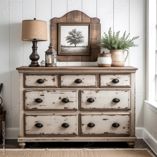 Rustic Farmhouse Dresser: A distressed wooden dresser with a weathered finish and traditional hardware, set on a pure white background to accentuate its vintage appeal.