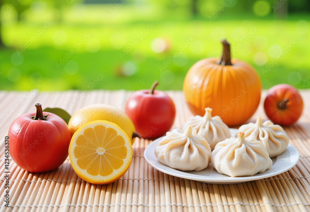 Colorful paper fruit and dumplings on bamboo mat, Qingming Festival Colorful paper fruit and dumplings on bamboo mat, Qingming Festival