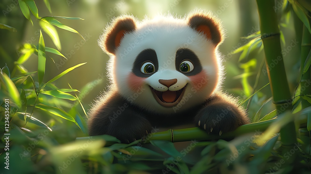 Obraz premium Adorable baby panda bear cub smiling happily in bamboo forest.