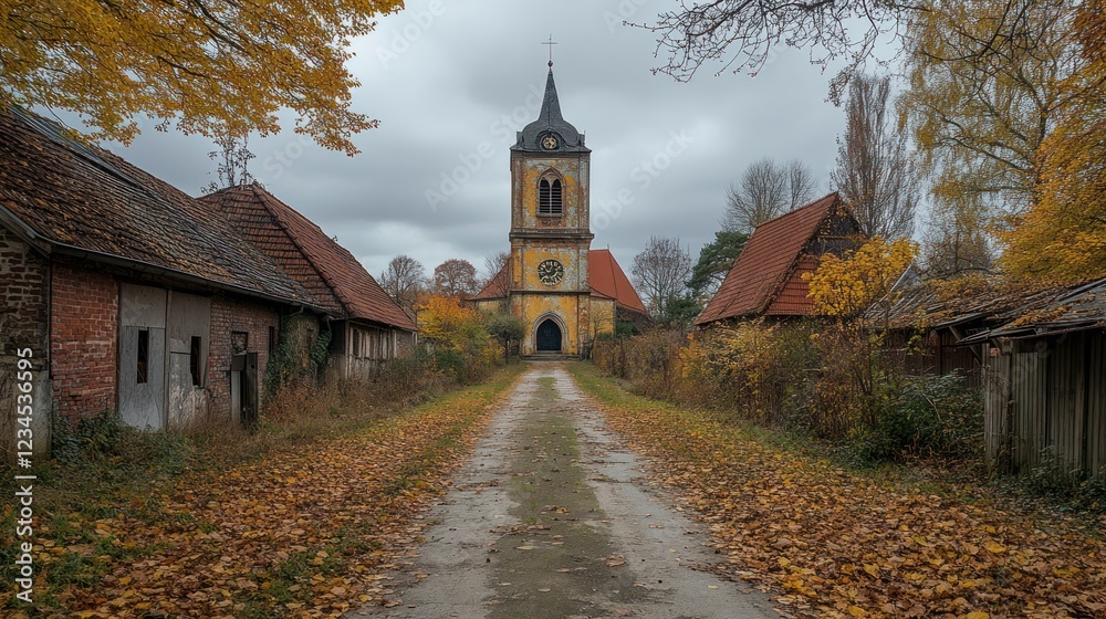 Autumnal path to church, abandoned farm, fallen leaves, overcast day Autumnal path to church, abandoned farm, fallen leaves, overcast day