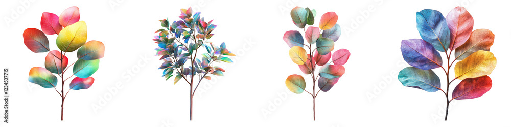 Obraz premium Rainbow Eucalyptus in profile isolated on transparent background, PNG, Set of