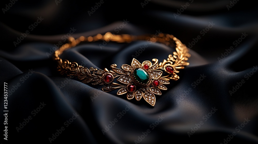 Fototapeta premium Elegant Gold Necklace with Gemstones on Dark Silk