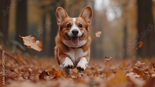 Happy Welsh corgi running through autumn leaves in a forest  photo