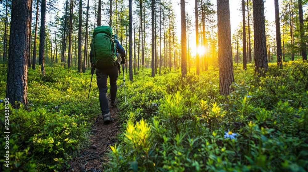 Fototapeta premium Hiker with Green Backpack Walking Through Vibrant Forest Path at Sunset
