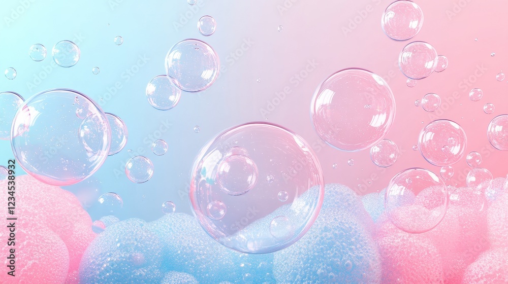Many translucent bubbles float above pastel foam. Perfect for clean, fresh, or beauty product advertising. Many translucent bubbles float above pastel foam. Perfect for clean, fresh, or beauty product advertising.