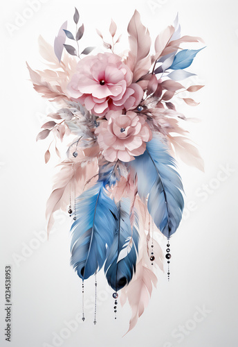 Boho style flower composition with feathers and soft colors for a unique artistic display