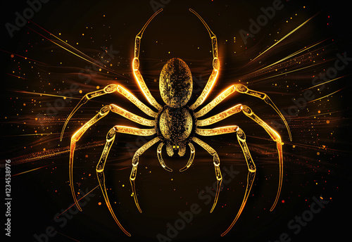 Golden spider illustration with abstract background and intricate details