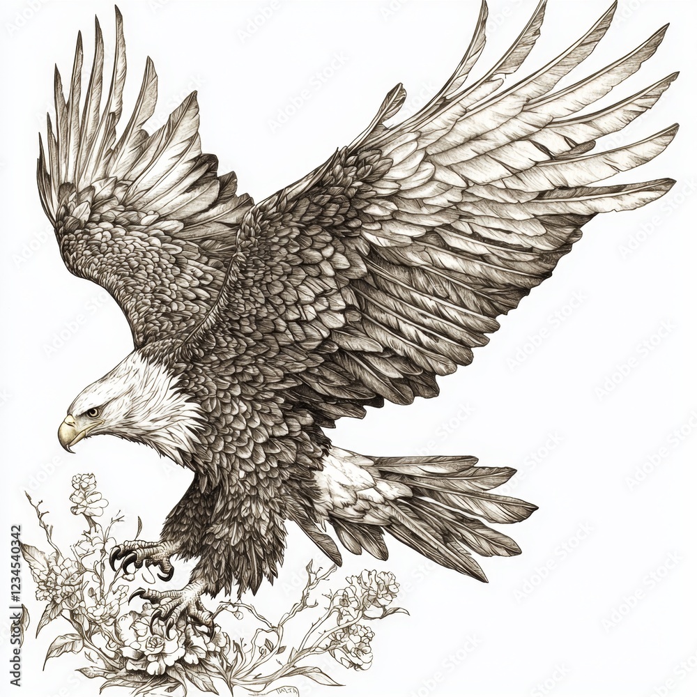 Fototapeta premium Detailed Illustration of a Majestic Eagle in Flight with Floral Elements in a Monochromatic Style