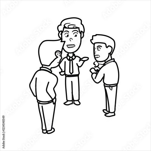 illustration of the discussion atmosphere of three office employees, cartoon, black and white, good for your visual elements, vector format