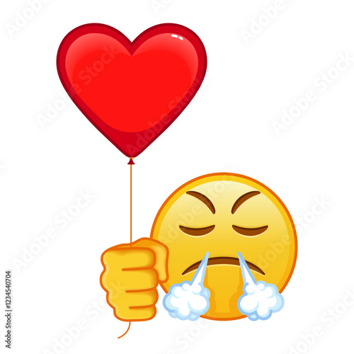 Face with an expression of displeasure with red heart baloon Large size of yellow emoji smile