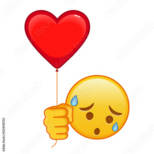 Face with an expression of disappointment and relief with red heart baloon Large size of yellow emoji smile