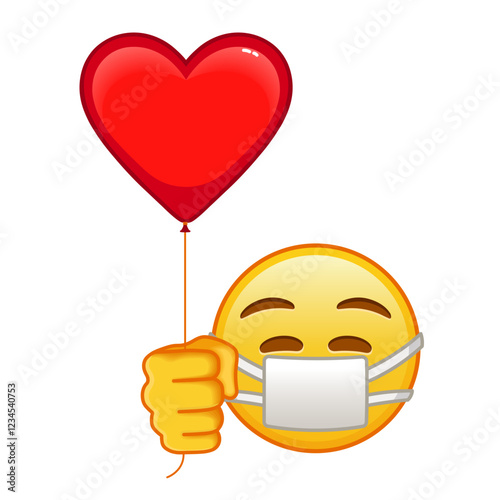 Face with medical mask with red heart baloon Large size of yellow emoji smile