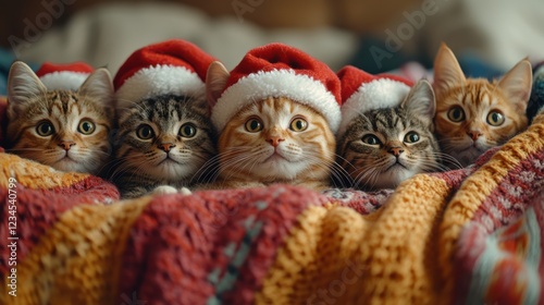 Six adorable cats, snug in festive hats, cuddle on a multicolored blanket, radiating warmth and festivity.