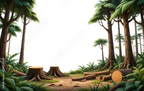 Tropical Forest Clearing: Lush Greenery and Cut Tree Stumps photo