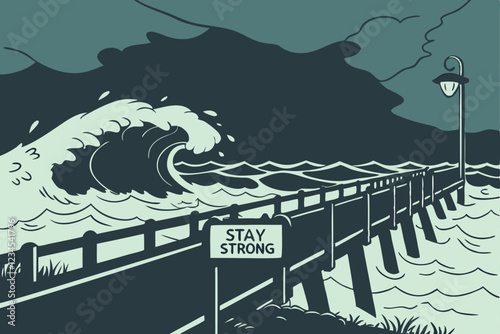 Stormy sea, wooden pier, crashing waves, moody atmosphere, dark teal sky, ominous clouds, Stay Strong sign, inspirational message, dramatic lighting, rough ocean, weathered wood, coastal scene, tur