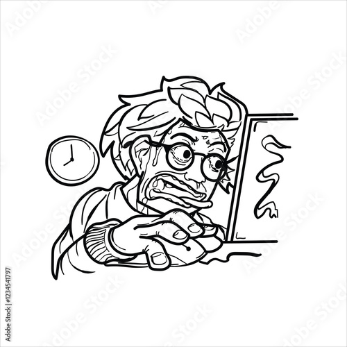 illustration of a man looking at a computer seriously and in a hurry, black and white, good for clothing design or children's coloring teaching materials, vector format
