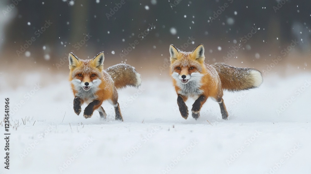 Fototapeta premium The playful chase of foxes in the snow turns survival into a dance of joy. 