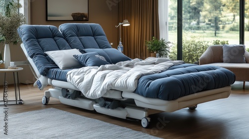 Modern adjustable hospital bed in a cozy living room with a view