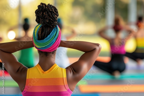 Group of Women Practicing Yoga and Meditation Outdoors in Colorful Activewear photo