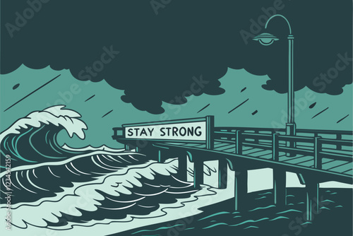 Stormy sea, wooden pier, crashing waves, moody atmosphere, dark teal sky, ominous clouds, Stay Strong sign, inspirational message, dramatic lighting, rough ocean, weathered wood, coastal scene, tur