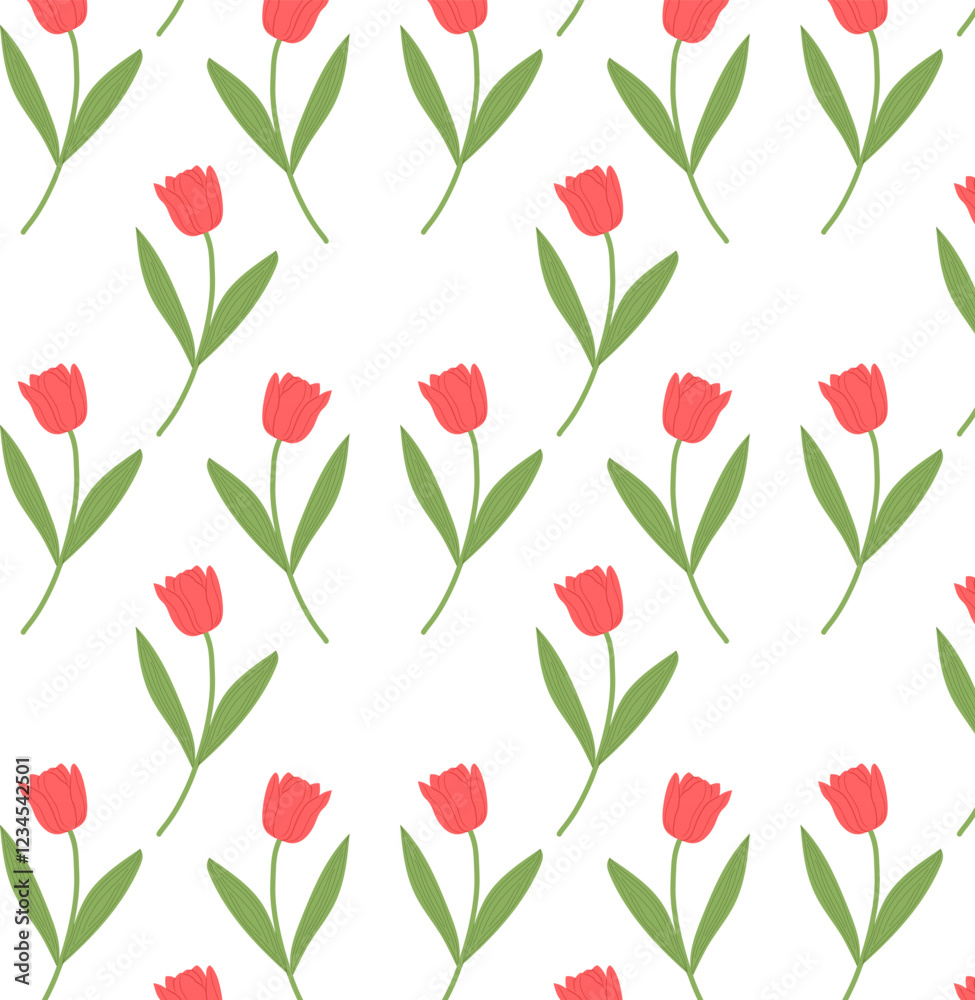 Red tulip flowers. Seamless pattern. Background. Vector flat illustration. Easter, Spring, Summer flowers Red tulip flowers. Seamless pattern. Background. Vector flat illustration. Easter, Spring, Summer flowers