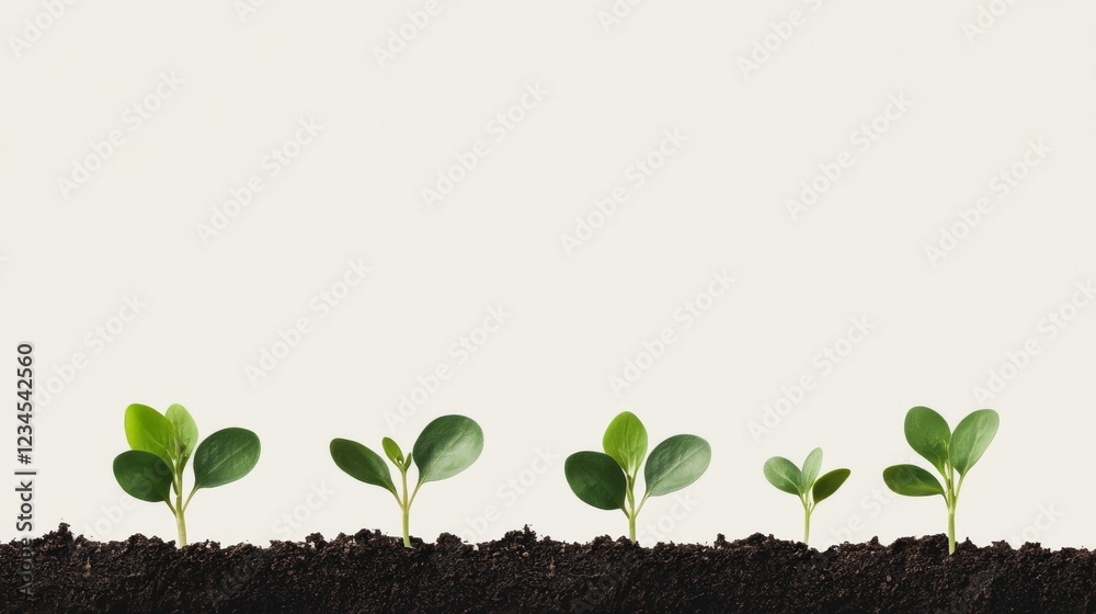 Naklejka premium Close-up of small plants sprouting from the sun against a light beige background. Small green plants sprouting into life on a beige background.