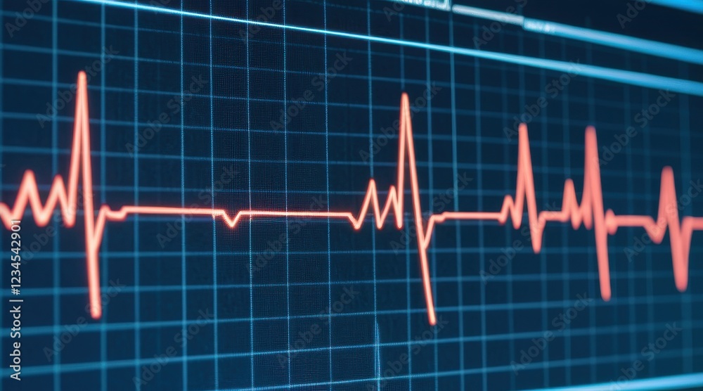 Naklejka premium Red Electrocardiogram Waveform on Dark Blue Gridded Screen