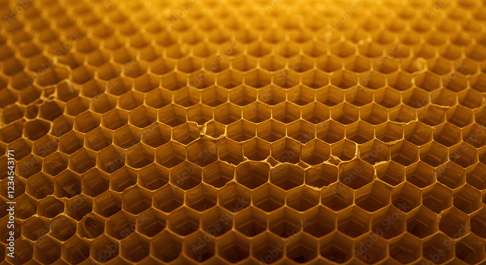 honeycomb pattern with golden hexagonal wax cells, slightly translucent under soft lighting honeycomb pattern with golden hexagonal wax cells, slightly translucent under soft lighting