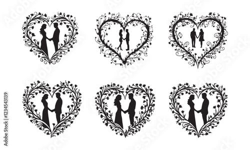 Elegant Heart Silhouette with Floral Vines and Hand-Holding Couple