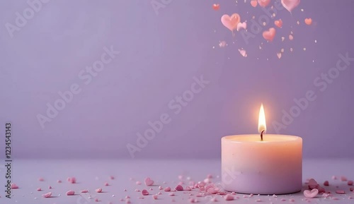 A romantic candles with heart-shaped flames flickering, releasing glowing embers against a pastel lavender background.