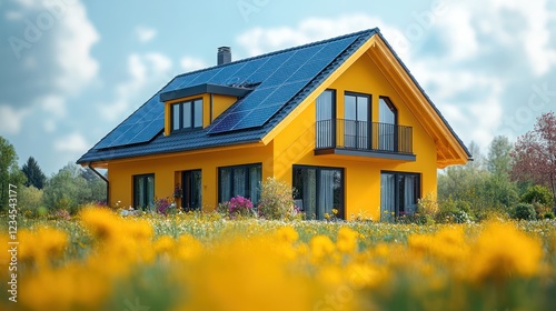 Sunny yellow house with solar panels in a dandelion field photo