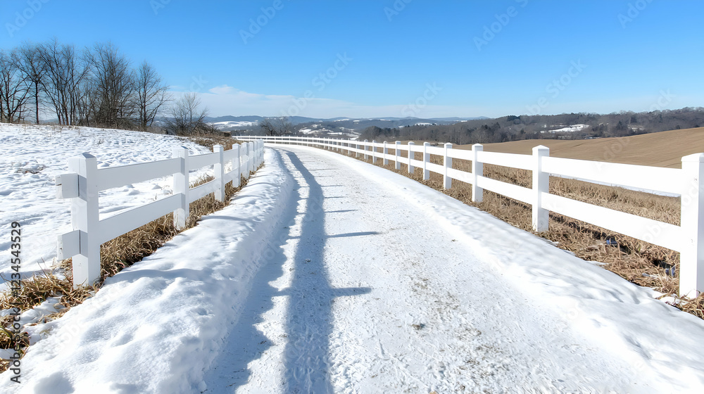 Snowy country road with white fence, winter landscape, rural scene, idyllic travel Snowy country road with white fence, winter landscape, rural scene, idyllic travel