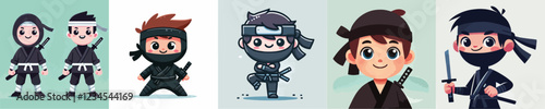 vector set of small children wearing ninja costumes
