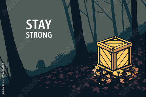 Forest scene, glowing wooden cube, Stay Strong text, bokeh background, autumn leaves, moody atmosphere, shallow depth of field, dramatic lighting, inspirational message, nature photography, mist, g