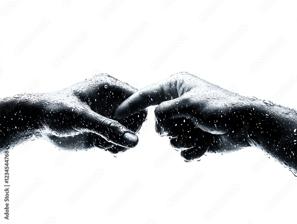 Fototapeta premium a couple s hands touching on a rainy day, nostalgic romance, hyperrealistic 3D render, cool and warm contrast, isolated on white background