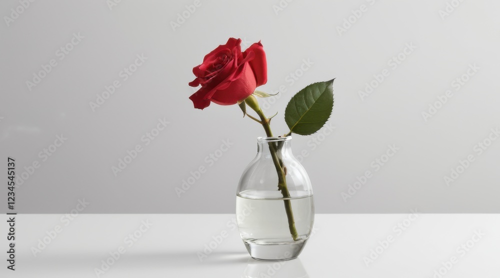 Single Red Rose in Clear Glass Vase on White Background Single Red Rose in Clear Glass Vase on White Background