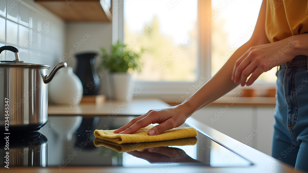 A woman in her 30s, of Caucasian descent, wipes a kitchen countertop with a yellow cloth, showcasing a bright and clean home environment with sunlight streaming in A woman in her 30s, of Caucasian descent, wipes a kitchen countertop with a yellow cloth, showcasing a bright and clean home environment with sunlight streaming in