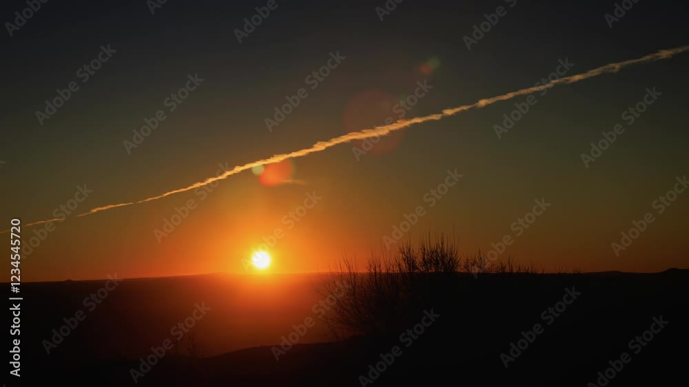 Brilliant Sunrise with Illuminated Contrail Timelapse 