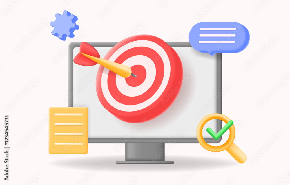 3d Digital marketing target concept with a bullseye, computer screen, SEO icons, and analytics. PPC, conversion optimization, business strategy, and online advertising visuals. vector illustration