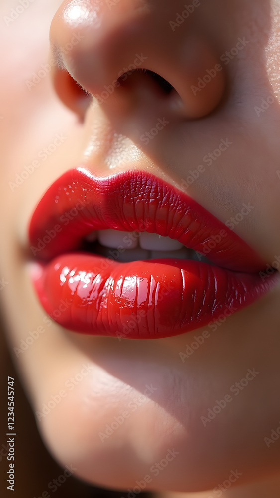Obraz premium Close-up of a woman's lips showcasing a vibrant red glossy lipstick, accentuating the smooth texture and shine of her full lips against a soft blurred background