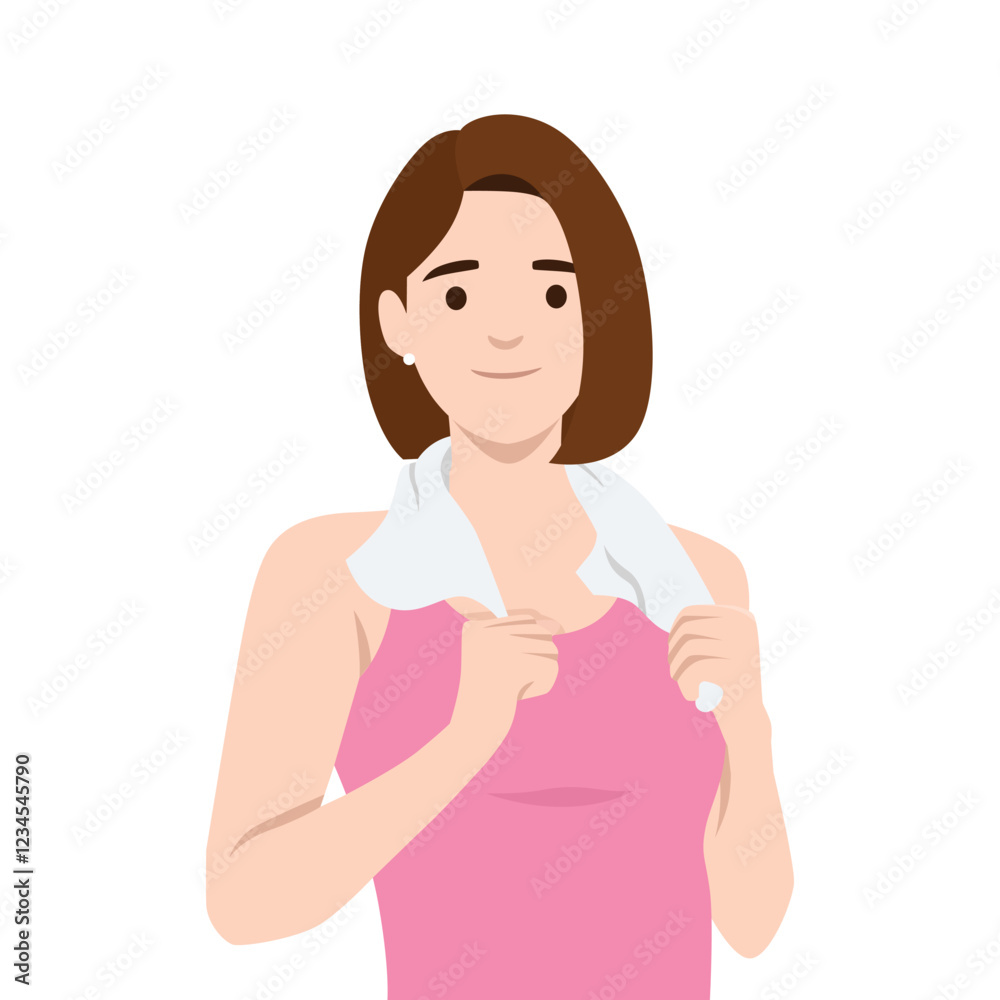 Fit Woman After Workout holding towel around her neck, refreshed after exercise. Flat vector illustration isolated on white background Fit Woman After Workout holding towel around her neck, refreshed after exercise. Flat vector illustration isolated on white background