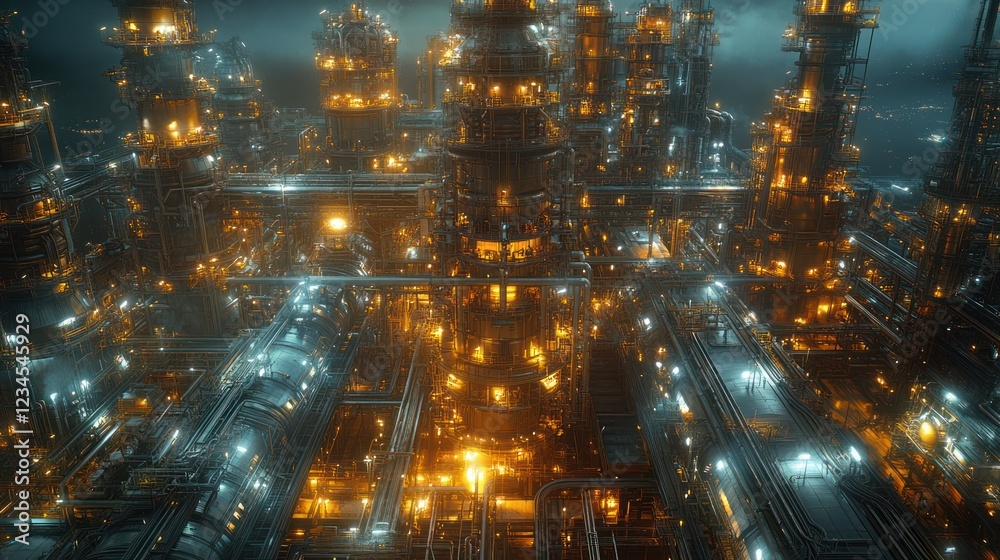 Fototapeta premium Aerial view of a futuristic oil refinery at night with illuminated pipes and towers
