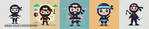 vector set of small children wearing ninja costumes