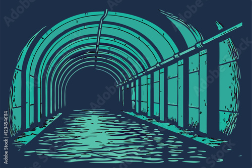 Dark tunnel, flooded underground passage, eerie teal glow, circular concrete walls, reflective water surface, dim overhead lights, mysterious atmosphere, urban exploration, dystopian scenery, cinem